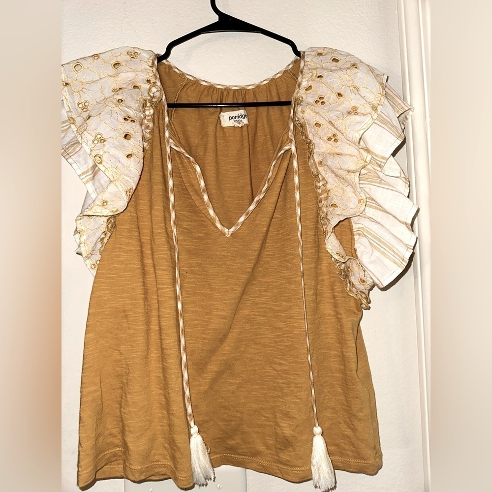 Porridge lagenlook cottagecore mustard yellow blouse boho layer sleeves tassel S